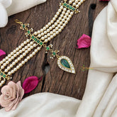 Vriksham Royal Green & Pearl Matha Patti with Kundan Jadau Drop Double Side Maang Tikka-J3474